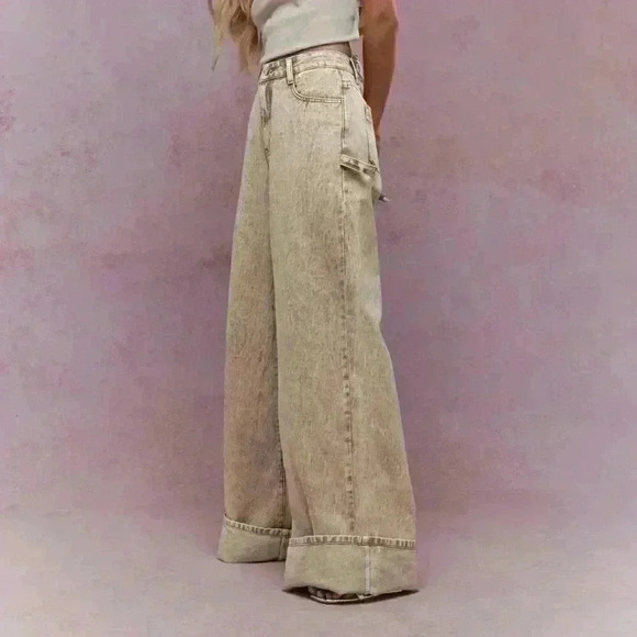 Khaki Casual Women's Washed Folded Hem Straight Leg Jeans - Picture 1 of 4